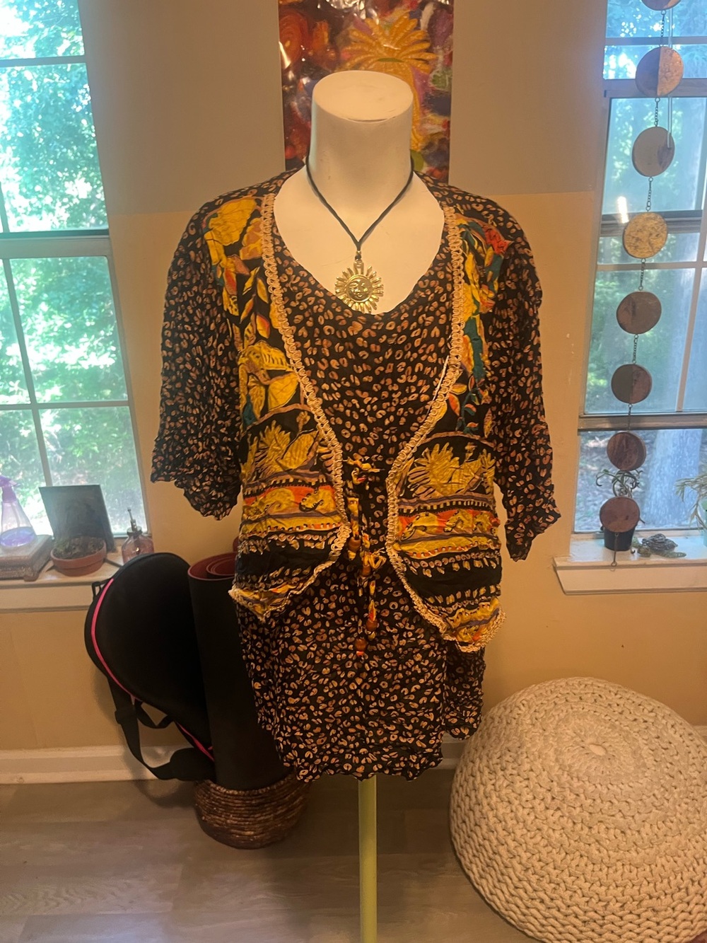 Vintage Bohemian Black & Yellow Embroidered Top with Vest